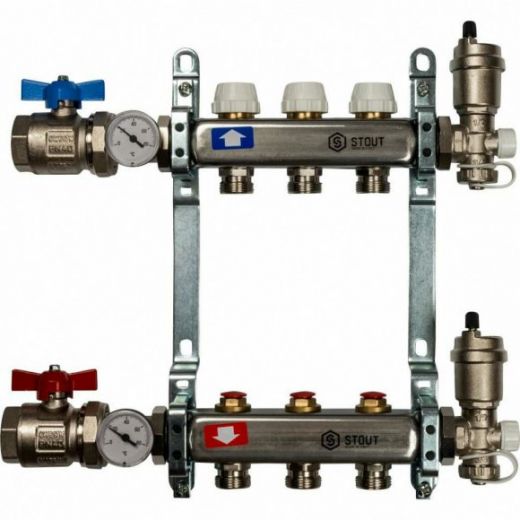 Коллекторная группа в сборе из нержавеющей стали без расходомеров на 3 выхода STOUT