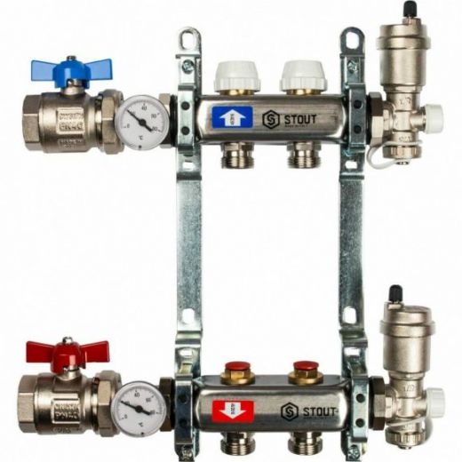 Коллекторная группа в сборе из нержавеющей стали без расходомеров на 2 выхода STOUT