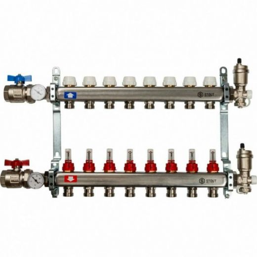 Коллекторная группа в сборе из нержавеющей стали с расходомерами на 8 выходов STOUT