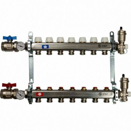 Коллекторная группа в сборе из нержавеющей стали без расходомеров на 7 выходов STOUT