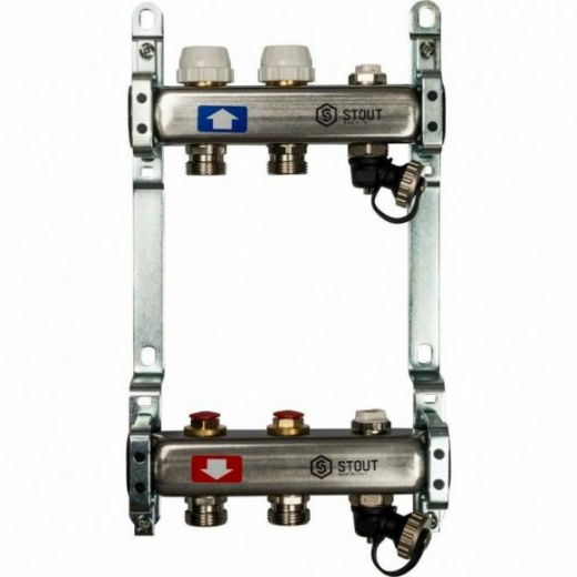 Коллекторная группа из нержавеющей стали без расходомеров, с клапаном выпуска воздуха и сливом на 2 выхода STOUT