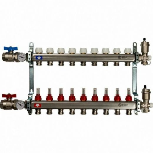 Коллекторная группа в сборе из нержавеющей стали с расходомерами на 9 выходов STOUT