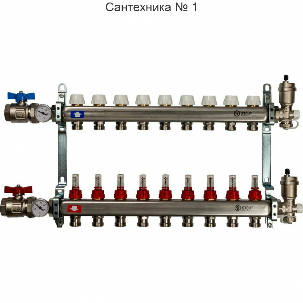 Коллекторная группа в сборе из нержавеющей стали с расходомерами на 9 выходов STOUT