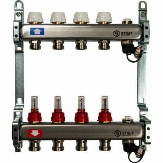 Коллекторная группа с запорными кранами из нержавеющей стали с расходомерами на 4 выхода STOUT