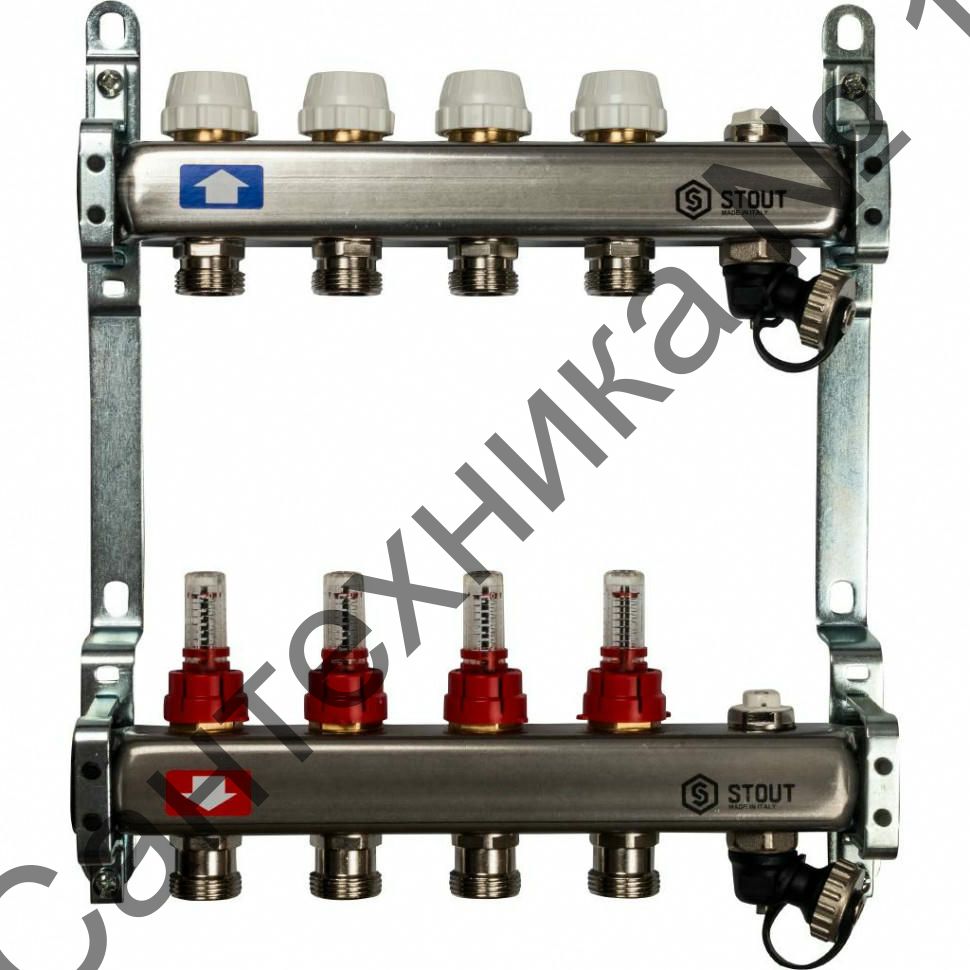 Коллекторная группа с запорными кранами из нержавеющей стали с расходомерами на 4 выхода STOUT