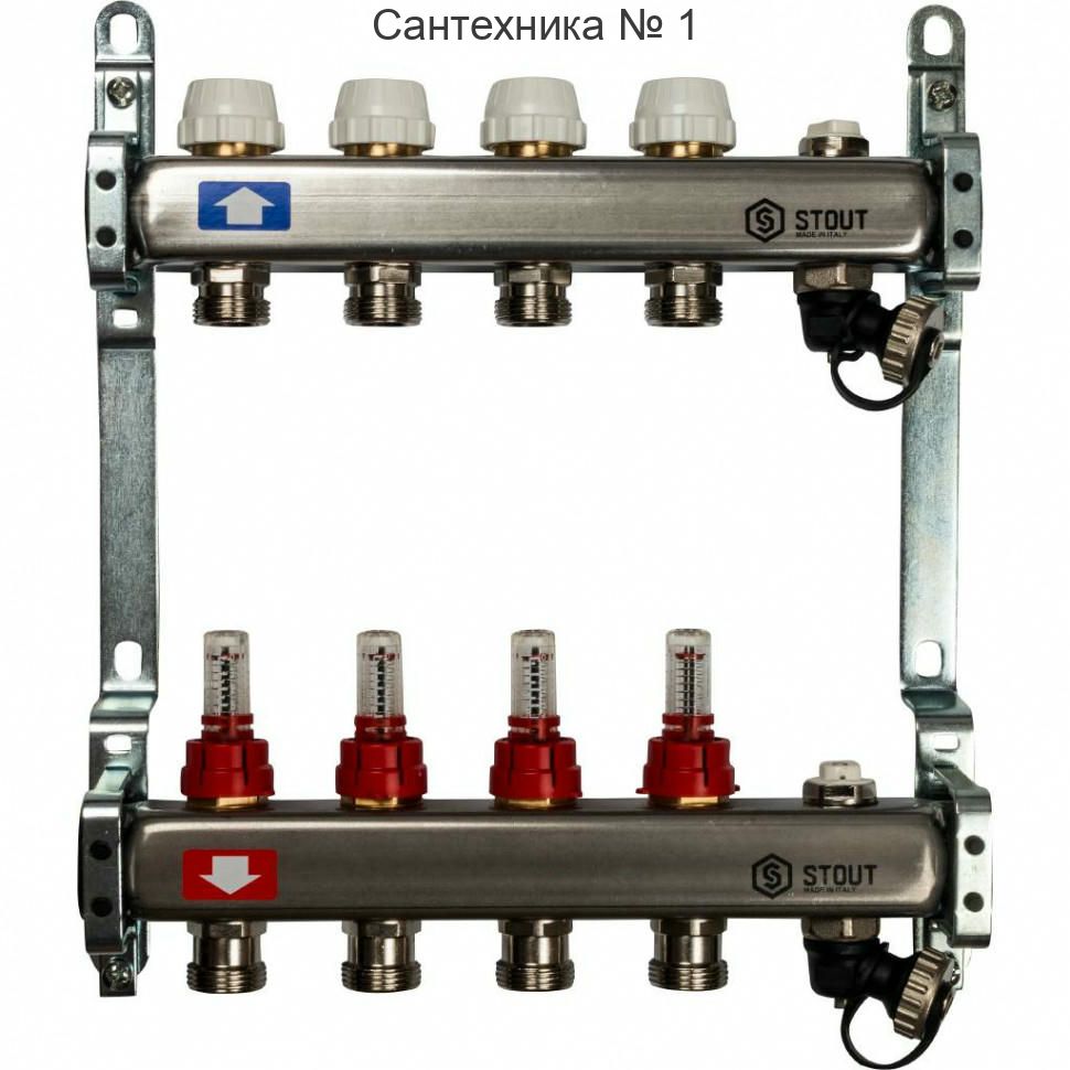 Коллекторная группа с запорными кранами из нержавеющей стали с расходомерами на 4 выхода STOUT