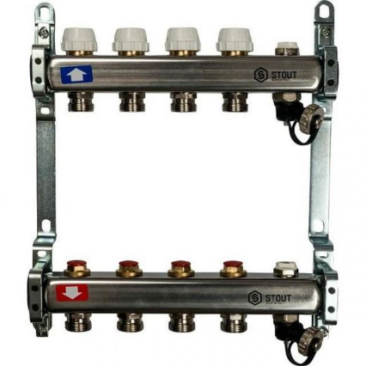 Коллекторная группа из нержавеющей стали без расходомеров, с клапаном выпуска воздуха и сливом на 4 выхода STOUT