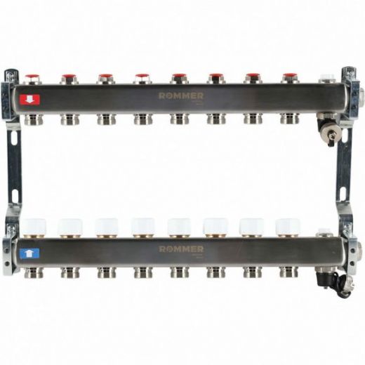 Коллектор из нержавеющей стали без расходомеров, с клапаном выпуска воздуха и сливом 8 выходов ROMMER