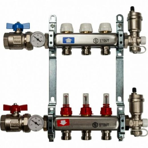 Коллекторная группа в сборе из нержавеющей стали с расходомерами на 3 выхода STOUT