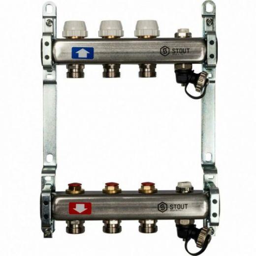 Коллекторная группа из нержавеющей стали без расходомеров, с клапаном выпуска воздуха и сливом на 3 выхода STOUT