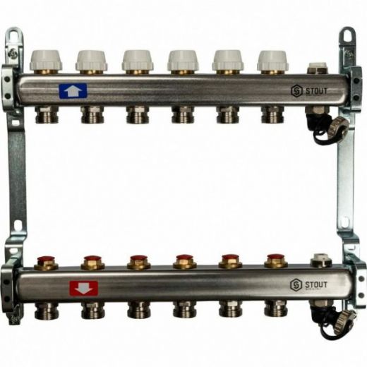 Коллекторная группа из нержавеющей стали без расходомеров, с клапаном выпуска воздуха и сливом на 6 выходов STOUT