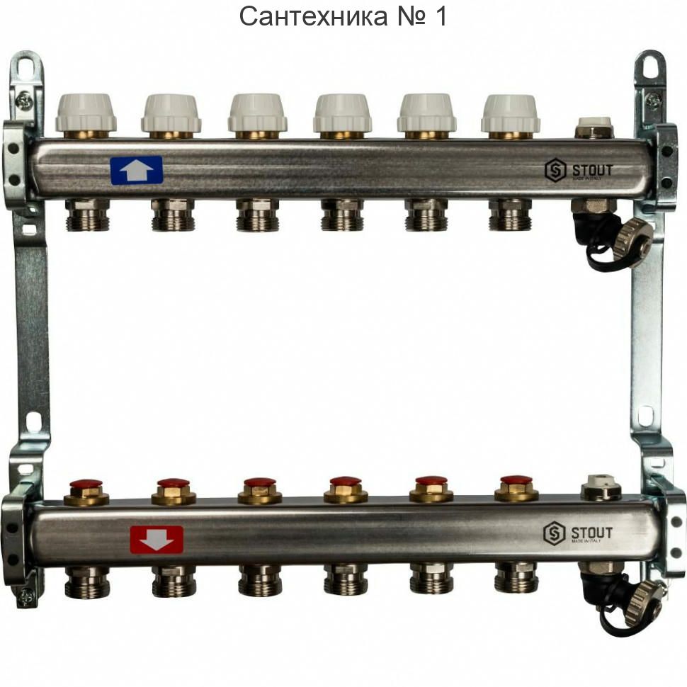 Коллекторная группа из нержавеющей стали без расходомеров, с клапаном выпуска воздуха и сливом на 6 выходов STOUT