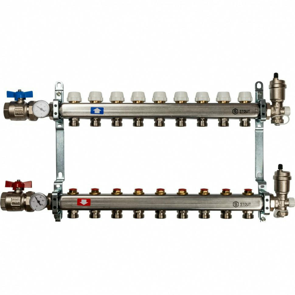 Коллекторная группа в сборе из нержавеющей стали без расходомеров на 9 выходов STOUT