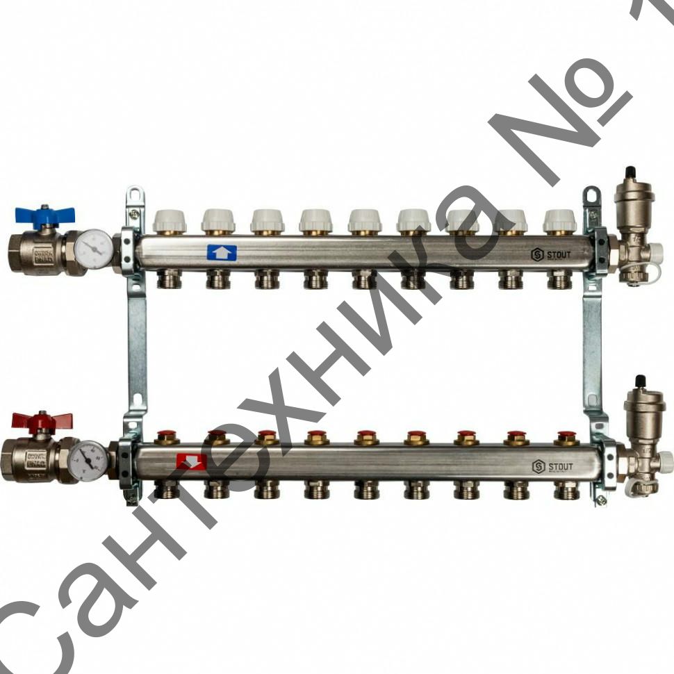 Коллекторная группа в сборе из нержавеющей стали без расходомеров на 9 выходов STOUT