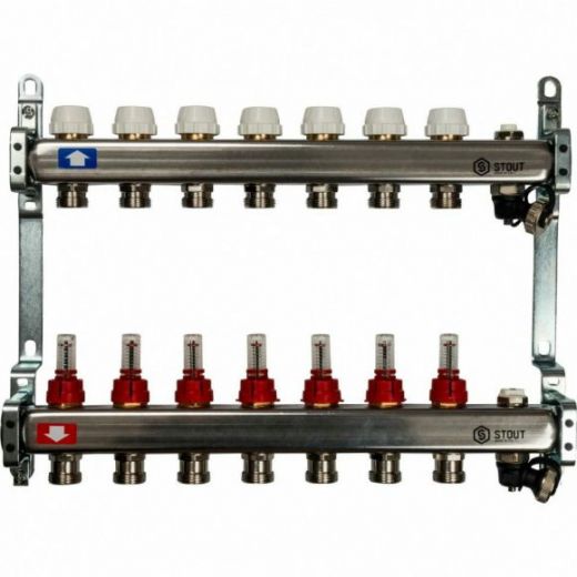 Коллекторная группа с запорными кранами из нержавеющей стали с расходомерами на 7 выходов STOUT