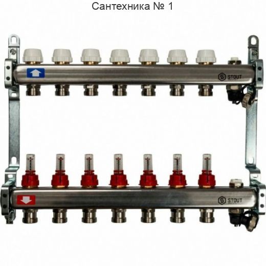 Коллекторная группа с запорными кранами из нержавеющей стали с расходомерами на 7 выходов STOUT