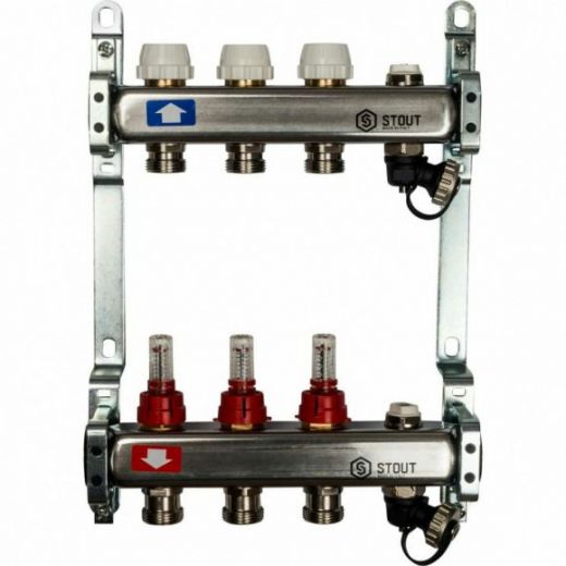Коллекторная группа с запорными кранами из нержавеющей стали с расходомерами на 3 выхода STOUT