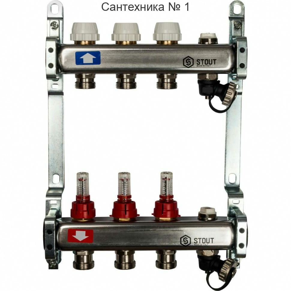 Коллекторная группа с запорными кранами из нержавеющей стали с расходомерами на 3 выхода STOUT