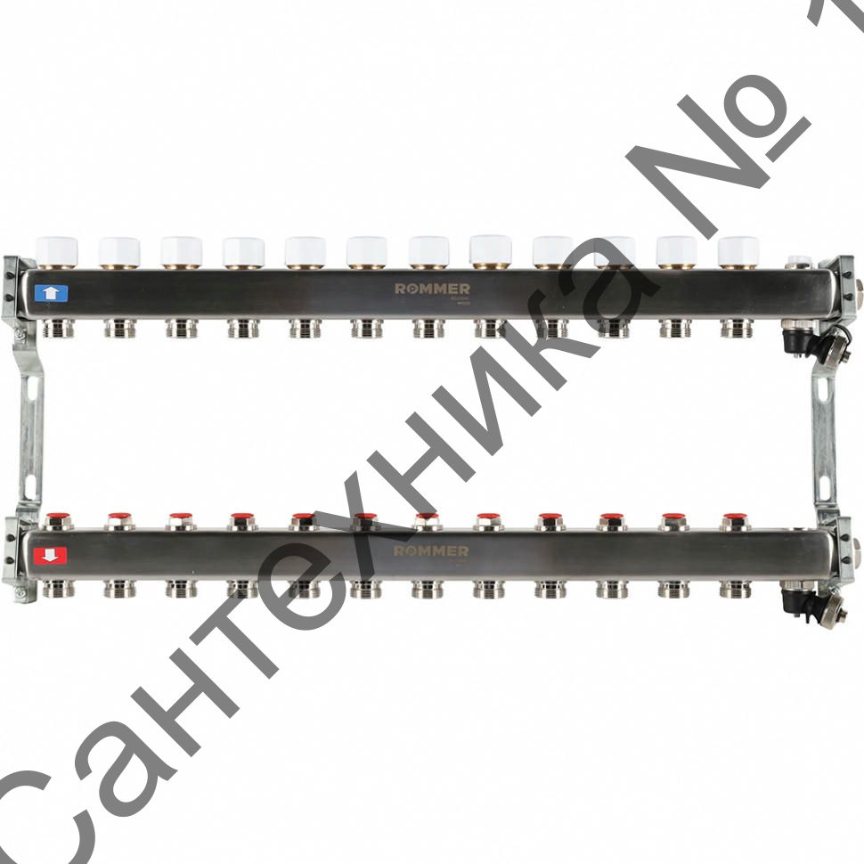 Коллектор из нержавеющей стали без расходомеров, с клапаном выпуска воздуха и сливом 12 выходов ROMMER