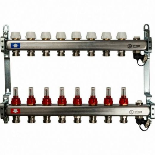 Коллекторная группа с запорными кранами из нержавеющей стали с расходомерами на 8 выходов STOUT