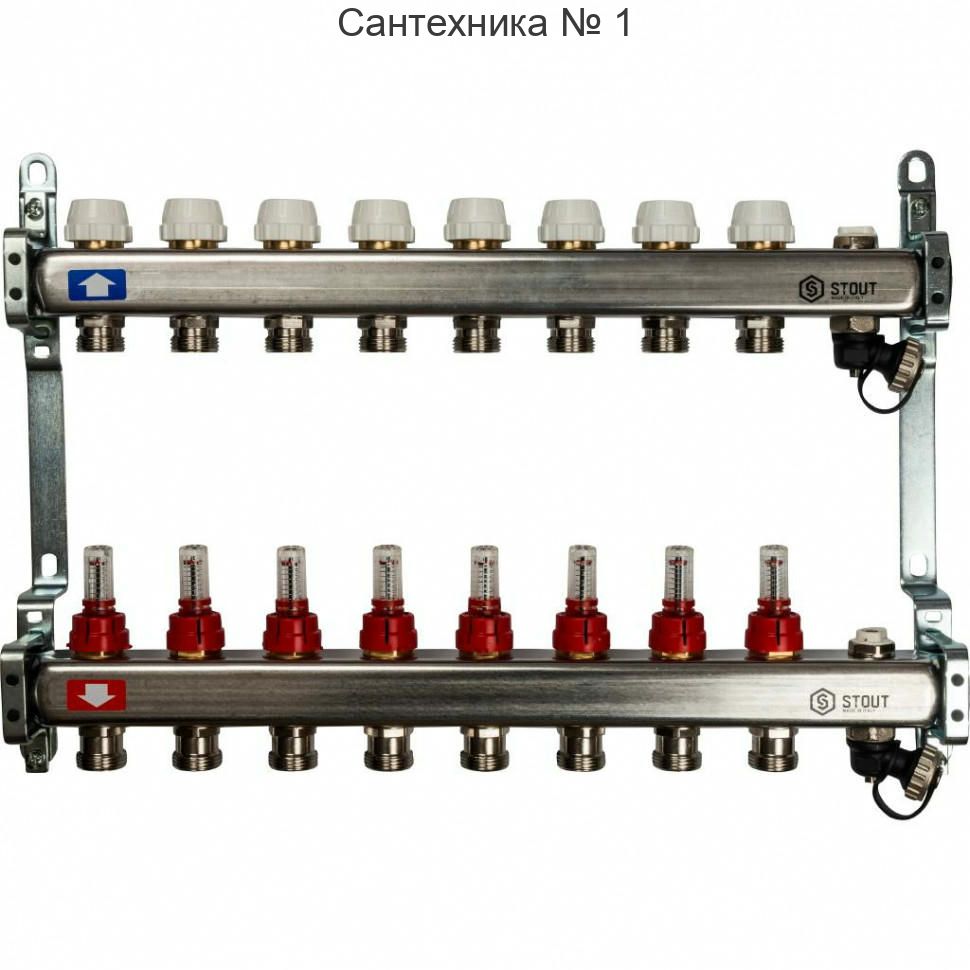 Коллекторная группа с запорными кранами из нержавеющей стали с расходомерами на 8 выходов STOUT