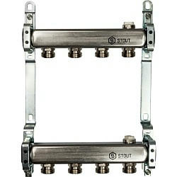 Коллекторная группа из нержавеющей стали для радиаторной разводки без расходомеров на 4 выхода STOUT