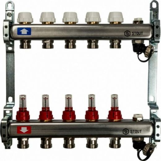 Коллекторная группа с запорными кранами из нержавеющей стали с расходомерами на 5 выходов STOUT
