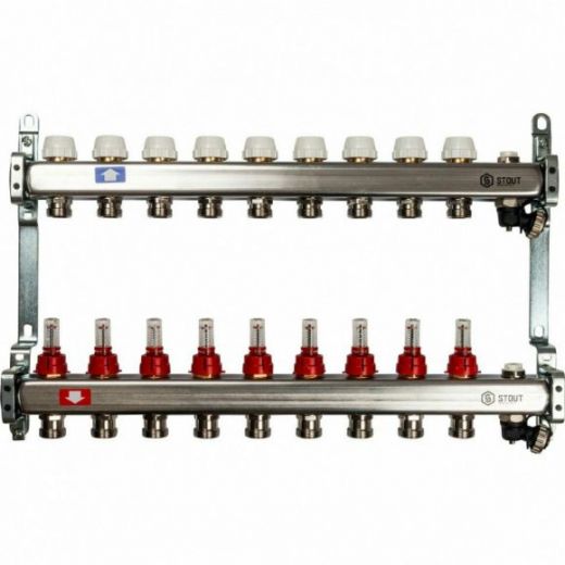 Коллекторная группа с запорными кранами из нержавеющей стали с расходомерами на 9 выходов STOUT