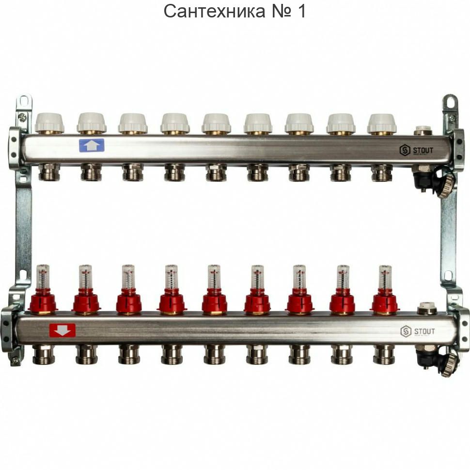 Коллекторная группа с запорными кранами из нержавеющей стали с расходомерами на 9 выходов STOUT