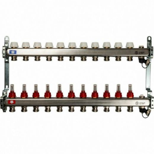 Коллекторная группа с запорными кранами из нержавеющей стали с расходомерами на 11 выходов STOUT