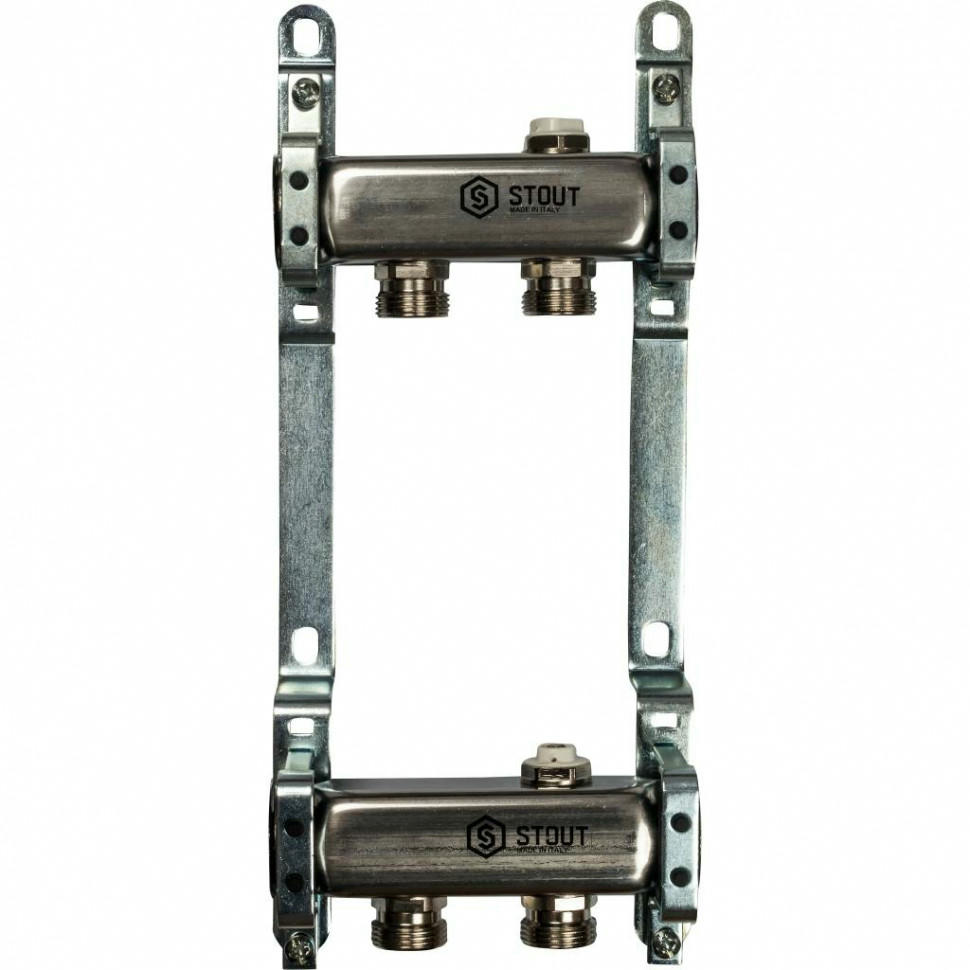 Коллекторная группа из нержавеющей стали для радиаторной разводки без расходомеров на 2 выхода STOUT