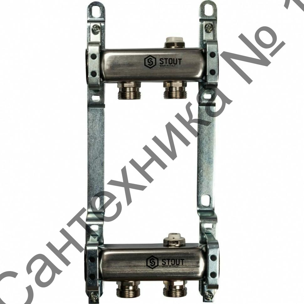 Коллекторная группа из нержавеющей стали для радиаторной разводки без расходомеров на 2 выхода STOUT