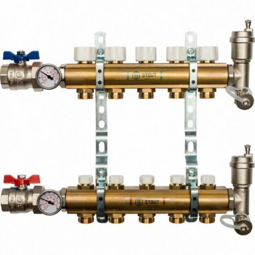 Коллекторная группа из латуни без расходомеров на 5 выходов STOUT