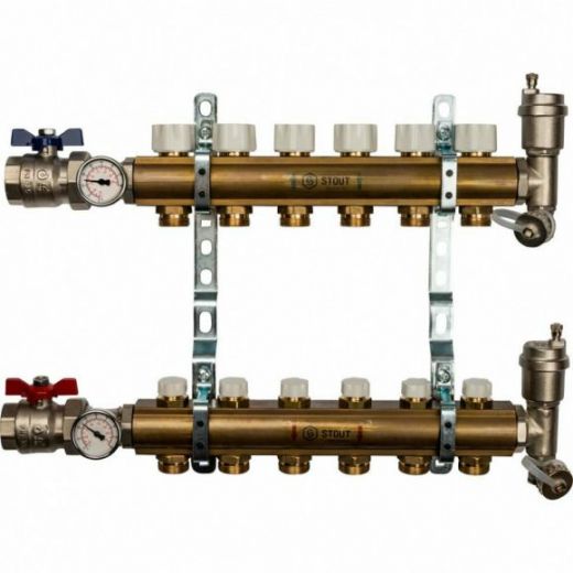 Коллекторная группа из латуни без расходомеров на 6 выходов STOUT