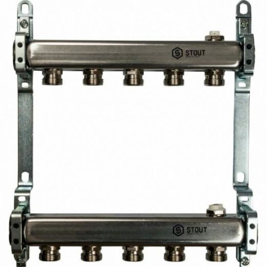 Коллекторная группа из нержавеющей стали для радиаторной разводки без расходомеров на 5 выходов STOUT