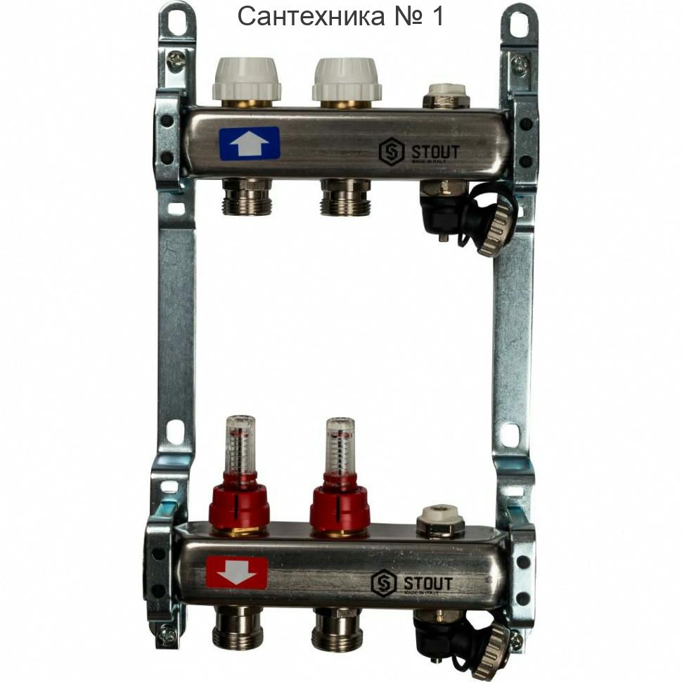 Коллекторная группа с запорными кранами из нержавеющей стали с расходомерами на 2 выхода STOUT