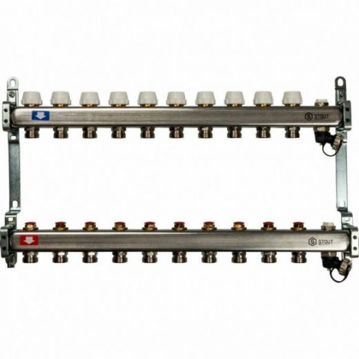 Коллекторная группа из нержавеющей стали без расходомеров, с клапаном выпуска воздуха и сливом на 10 выходов STOUT