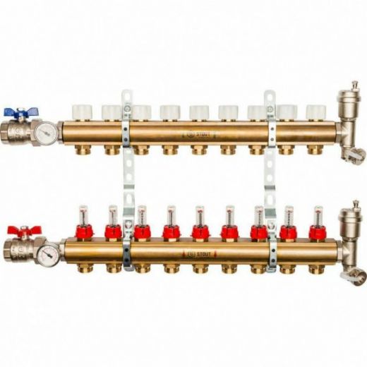 Коллекторная группа из латуни с расходомерами 9 выходов STOUT