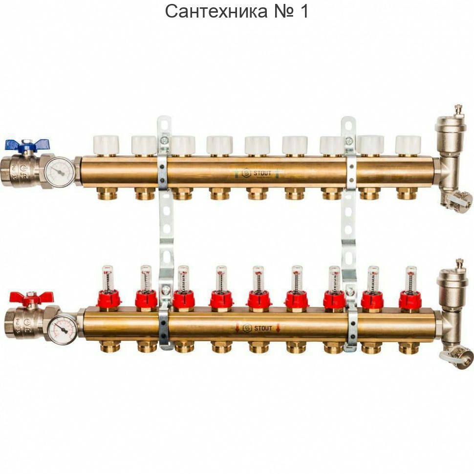 Коллекторная группа из латуни с расходомерами 9 выходов STOUT