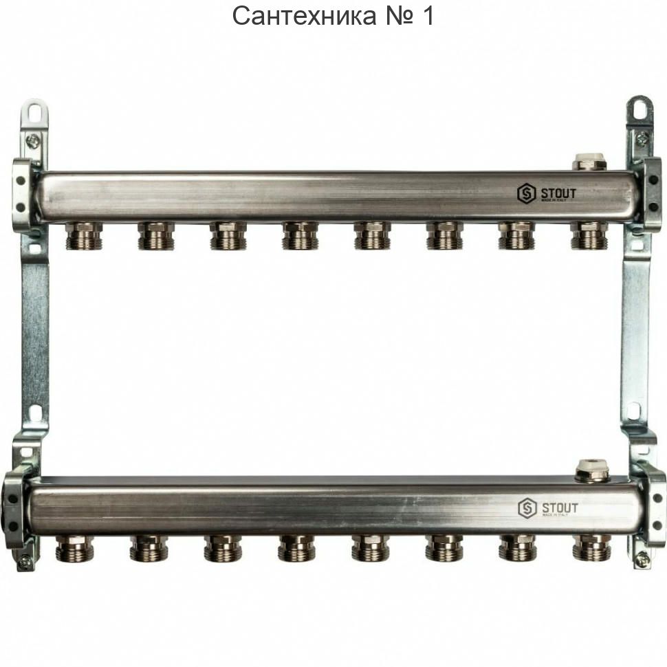 Коллекторная группа из нержавеющей стали для радиаторной разводки без расходомеров на 8 выходов STOUT