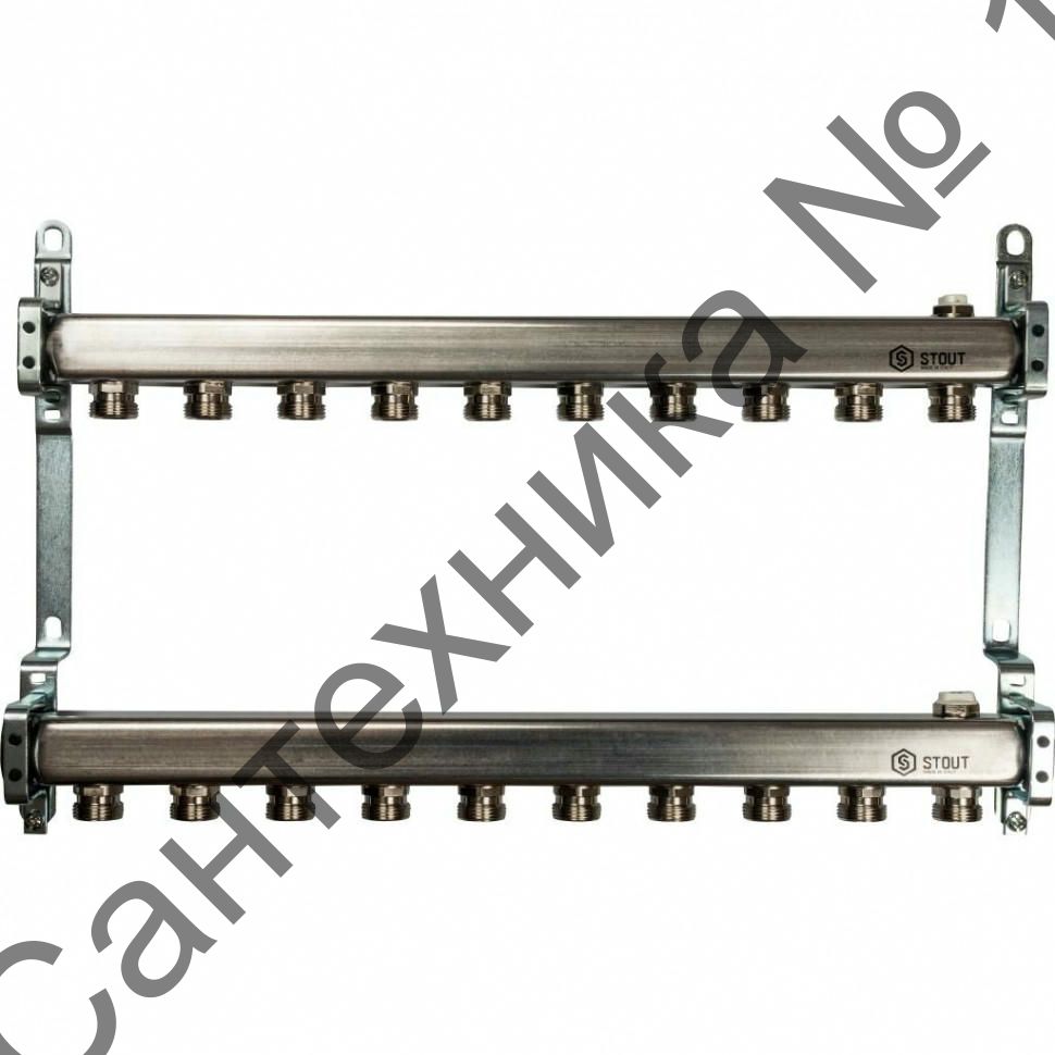 Коллекторная группа из нержавеющей стали для радиаторной разводки без расходомеров на 10 выходов STOUT