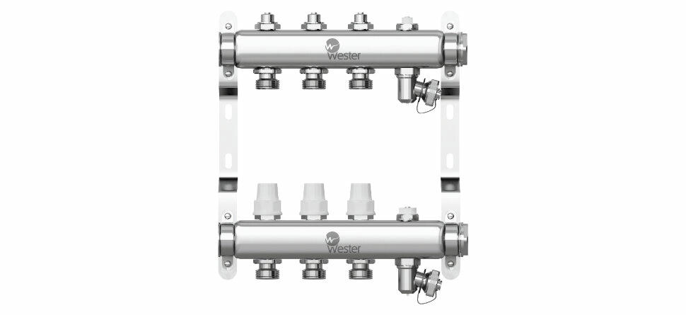 Коллектор из нержавеющей стали 1"-3/4 в сборе на 3 выхода с 2 заглушками Wester