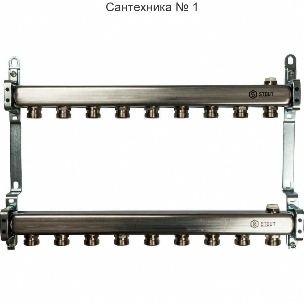 Коллекторная группа из нержавеющей стали для радиаторной разводки без расходомеров на 9 выходов STOUT