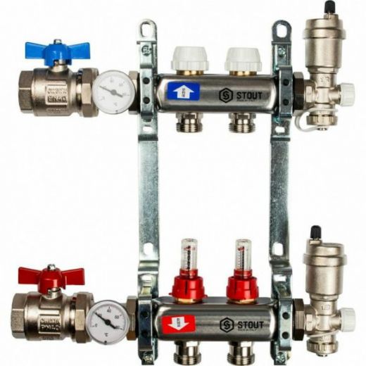 Коллекторная группа в сборе из нержавеющей стали с расходомерами на 2 выхода STOUT