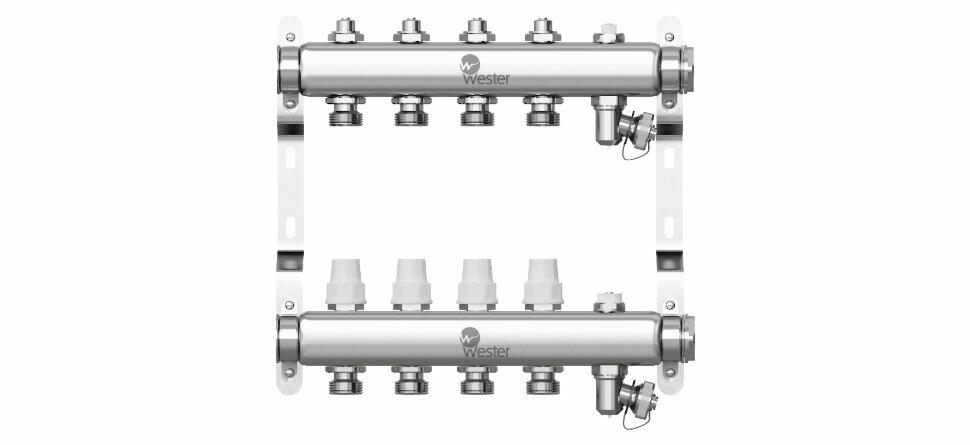 Коллектор из нержавеющей стали 1"-3/4 в сборе на 4 выхода с 2 заглушками Wester