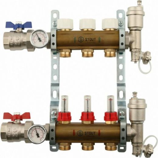 Коллекторная группа из латуни с расходомерами 3 выхода STOUT