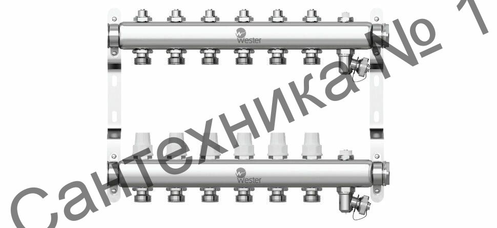Коллектор из нержавеющей стали 1"-3/4 в сборе на 6 выходов с 2 заглушками Wester