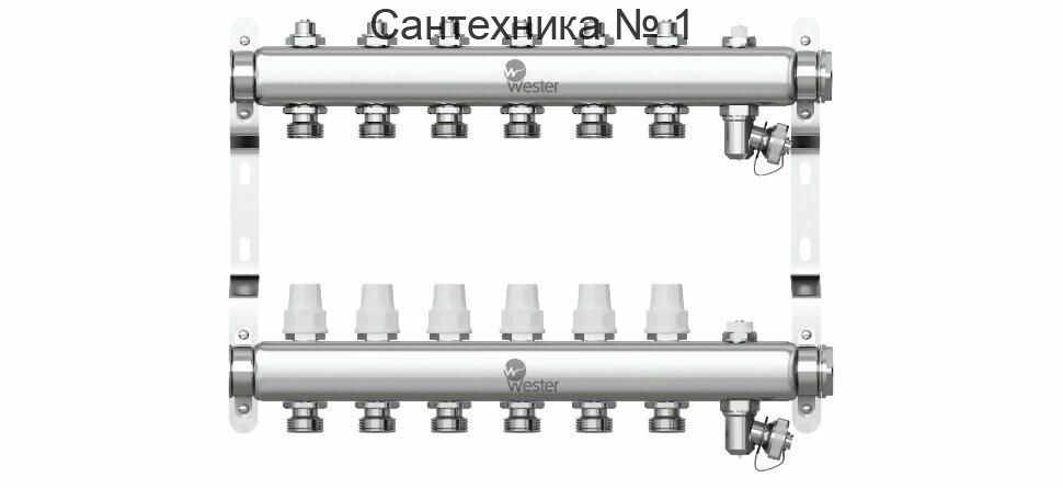 Коллектор из нержавеющей стали 1"-3/4 в сборе на 6 выходов с 2 заглушками Wester