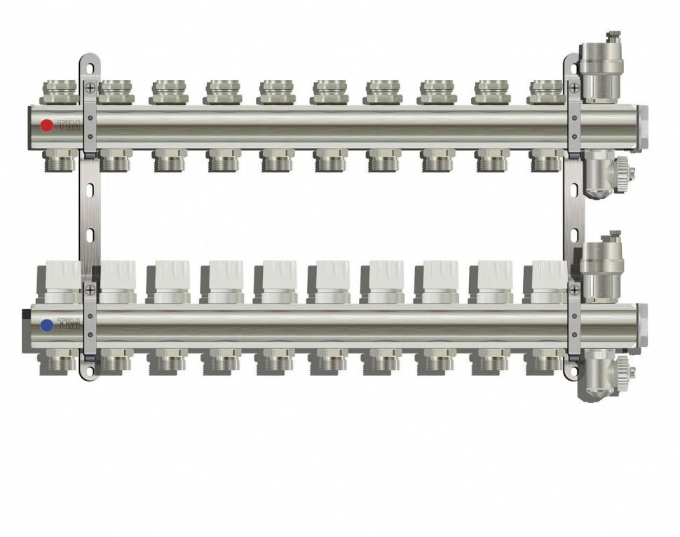 Коллекторная группа из латуни без расходомеров 1" на 3 выхода 3/4" с клапанами и воздухоотводчиками TIM