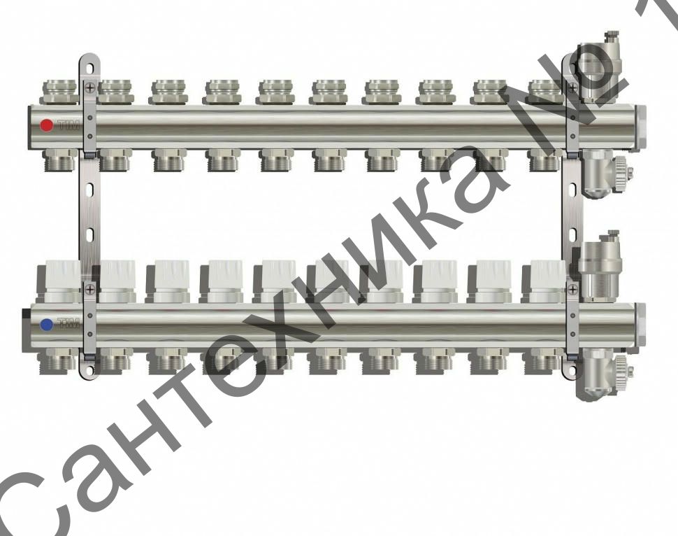 Коллекторная группа из латуни без расходомеров 1" на 3 выхода 3/4" с клапанами и воздухоотводчиками TIM